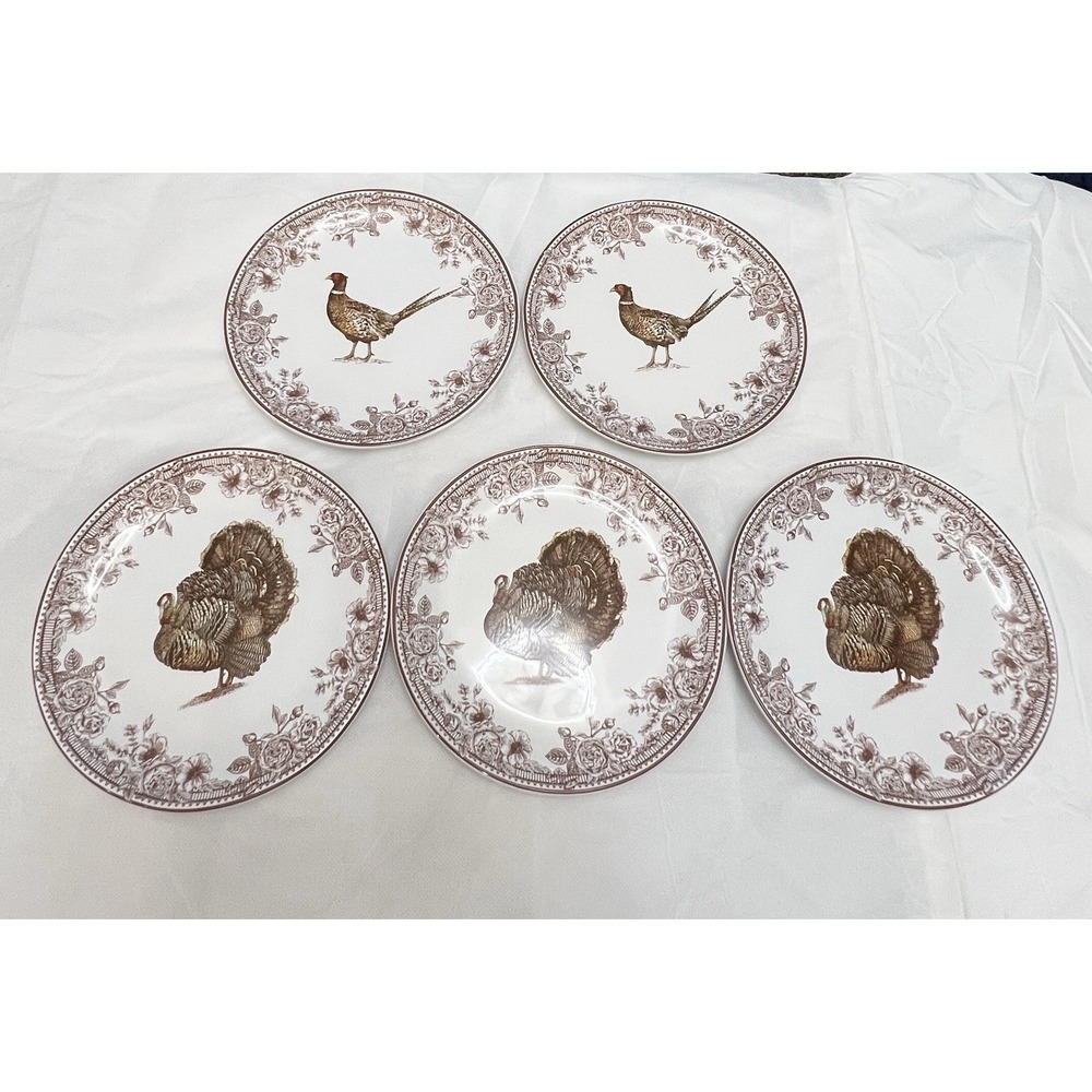 Turkey Pheasant Plates Set of 5 Floral Thanksgiving Fall Bird Country Farm Cabin